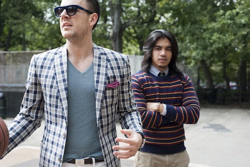 On Dan: Plaid cotton jacket by Michael Andrews Bespoke (custom made, my own design). Ribbed v-neck by Gucci (M). White denim by Helmut Lang (33). Alligator belt by Ralph Lauren Purple Label (36). Shades by Zanerobe. Loafers by Bass. Watch and alligator band by Montblanc. Leather duffle bag (on ground) by Lotuff & Clegg. On Westley: Sweater and shirt by Gant. Tie by Ralph Lauren Rugby. Cargo pants by Uniqlo. Saddle shoes by Bass. On Dan: Plaid cotton jacket by Michael Andrews Bespoke (custom made, my own design). Ribbed v-neck by Gucci (M). White denim by Helmut Lang (33). Alligator belt by Ralph Lauren Purple Label (36). Shades by Zanerobe. Loafers by Bass. Watch and alligator band by Montblanc. Leather duffle bag (on ground) by Lotuff & Clegg. On Westley: Sweater and shirt by Gant. Tie by Ralph Lauren Rugby. Cargo pants by Uniqlo. Saddle shoes by Bass.