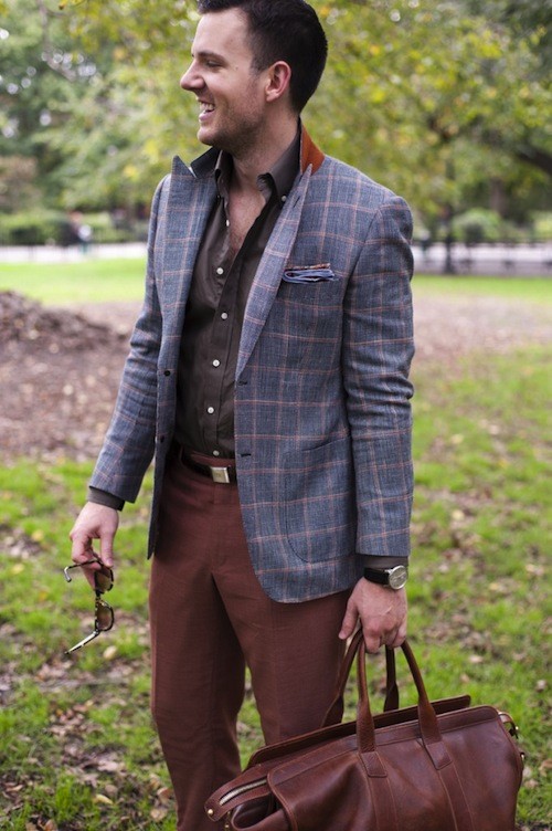 Windownpane wool/linen jacket, brown poplin shirt and rust hopsack trousers all by Michael Andrews Bespoke (custom made, my own designs). Pocket square by Armstrong & Wilson. Alligator belt by Ralph Lauren Purple Label (36). Wingtips by Gucci. Watch and alligator band by Montblanc. Shades by Matsuda. Leather duffle bag by Lotuff & Clegg. Windownpane wool/linen jacket, brown poplin shirt and rust hopsack trousers all by Michael Andrews Bespoke (custom made, my own designs). Pocket square by Armstrong & Wilson. Alligator belt by Ralph Lauren Purple Label (36). Wingtips by Gucci. Watch and alligator band by Montblanc. Shades by Matsuda. Leather duffle bag by Lotuff & Clegg.